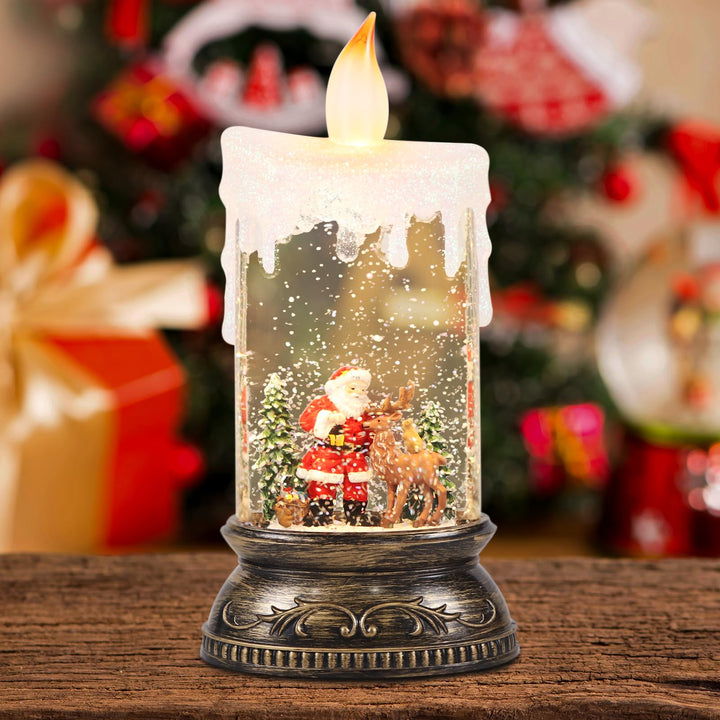 Eldnacele Schneekugel Weihnachtslaterne mit Timer & Musik, fliegendem Weihnachtsmann mit Rentieren,