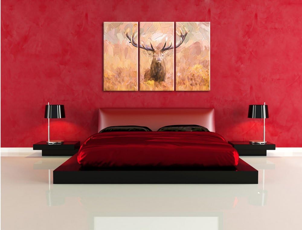 Pixxprint Grosser Hirsch im Feld Kunst als Leinwandbild/Grösse: 3 Teilig (120x80 cm) cm/Wandbild/Kun