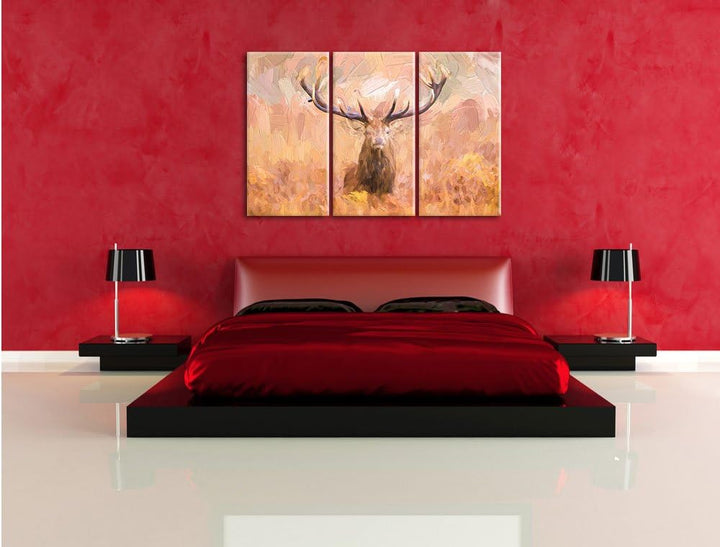 Pixxprint Grosser Hirsch im Feld Kunst als Leinwandbild/Grösse: 3 Teilig (120x80 cm) cm/Wandbild/Kun