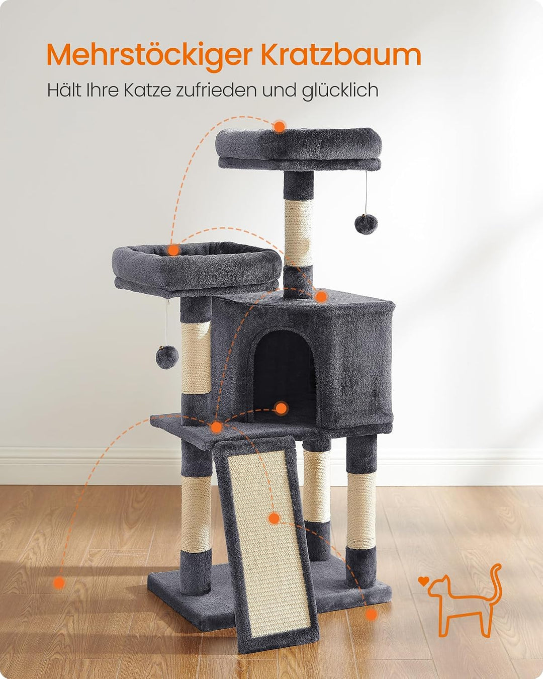 Feandrea Kratzbaum klein, Katzenbaum mit Kratzbrett, Plattformen, für Katze, weicher Plüsch, 115 cm,