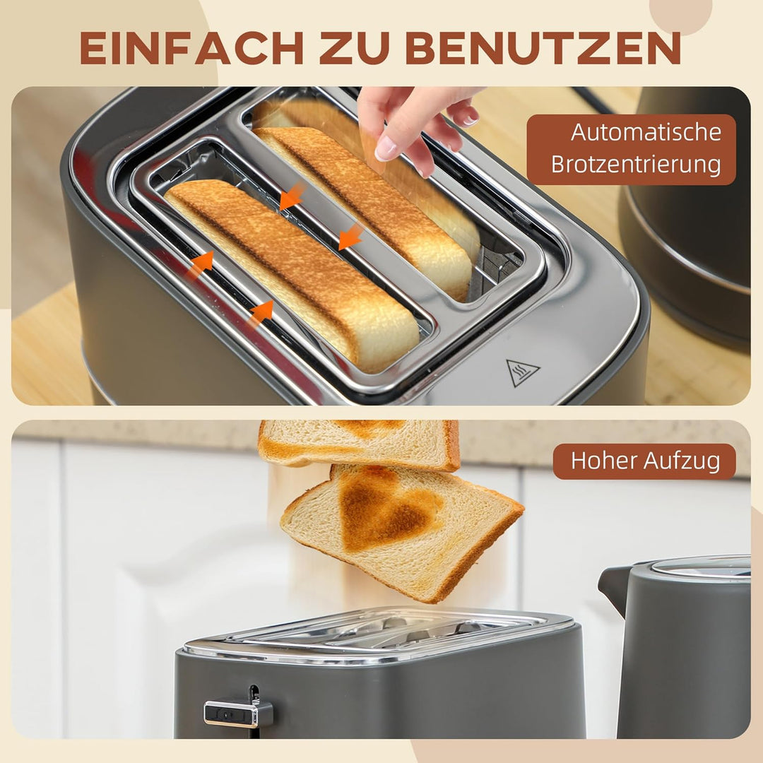 HOMCOM Wasserkocher Toaster Set 2200 W 1,7L Wasserkocher, 2 Scheiben Toaster, 6 Bräunungsstufen, Auf