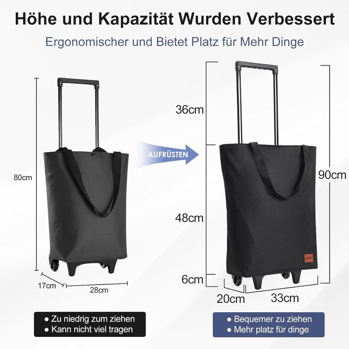 MOONCY 2-in-1 Einkaufstrolley, 30L Grosse Einkaufstasche auf Rollen, Leichter Einkaufswagen Klappbar