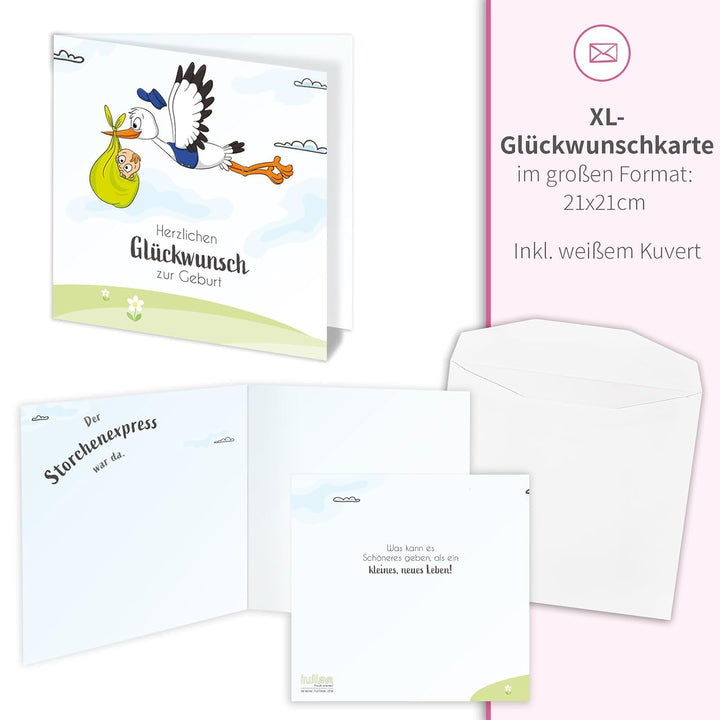 XL Storch zur Geburt Willkommen Baby I rosa Geschenk Mädchen I SET: Geburtsstorch + Stab aus Holz +