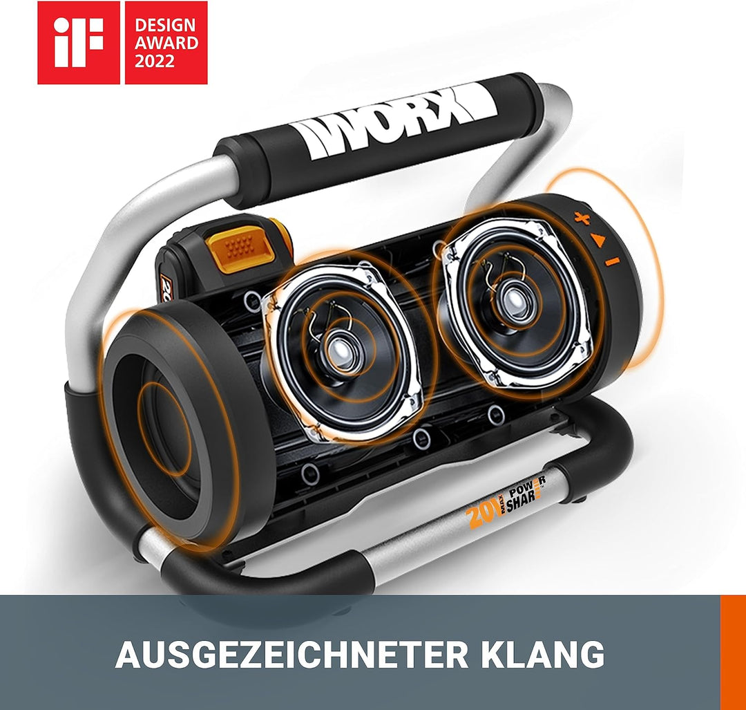WORX WX009.9 Bluetooth Akku-Lautsprecher 20V - AUX-In Anschluss & USB Port - Laufzeit ca. 10 Stunden