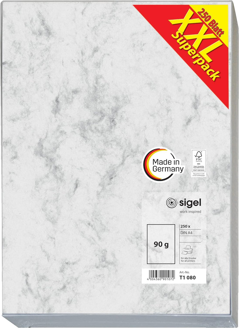 SIGEL T1080 Hochwertiges Marmor-Papier A4 grau (250 Blatt, 90 g) beidseitig marmoriert, Briefpapier,