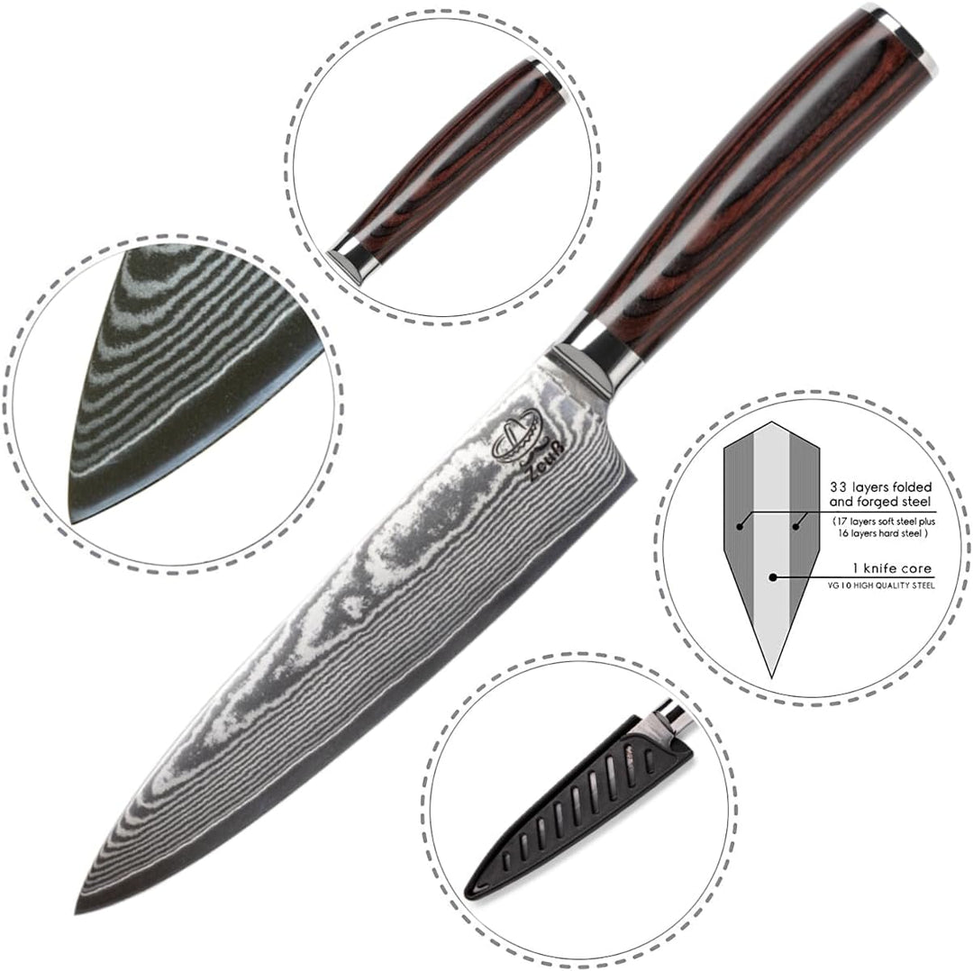 Damastmesser Küchenmesser XL (32cm) TÜV geprüfter 62 HRC Damaststahl aus 67 Lagen I Damast-Küchenmes