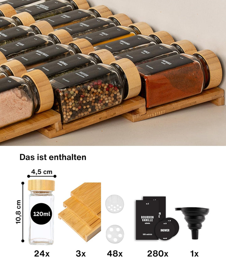 Deco haus® Gewürzregal Schublade [MIT 24 GEWÜRZGLÄSER & ETIKETTEN] - Gewürz Organizer Schublade - Ge