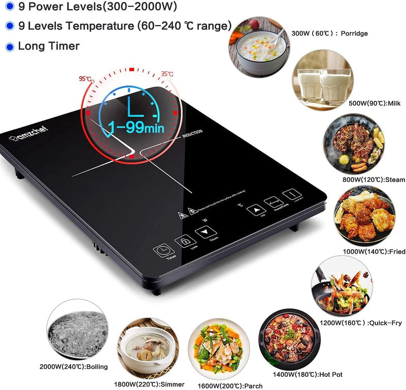 Induktionskochplatte, AMZCHEF Induktionskochfeld 1 Platte, 2000W Max mit 10 Temperatur und Leistungs