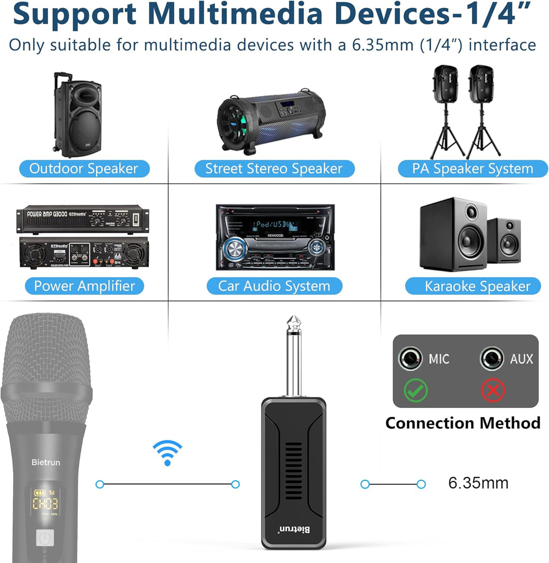 Bietrun UHF Receiver Wireless Microphone WXM02 / WXM04, with 720mAh Rechargeable Battery, 160 ft Wor