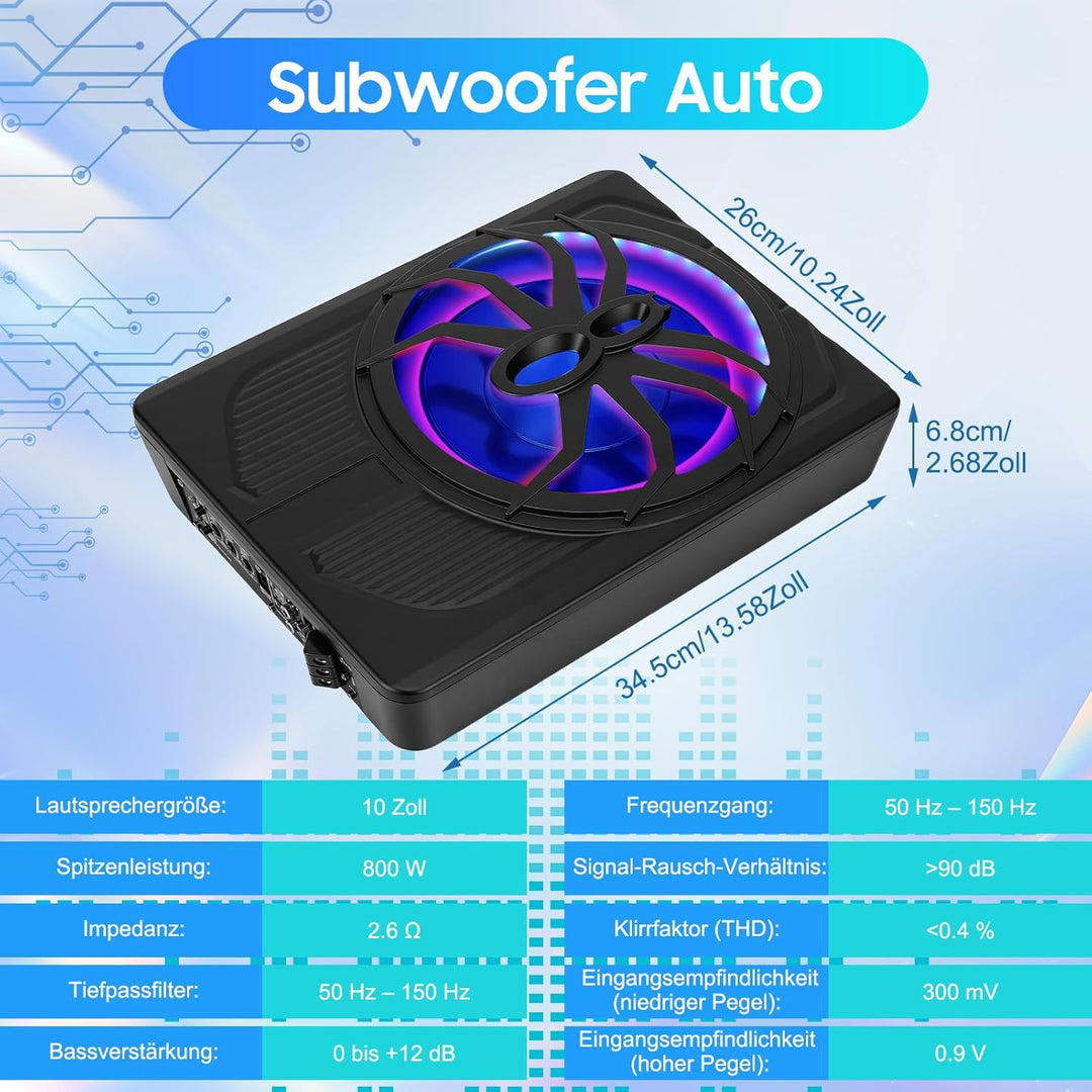 VINGVO Subwoofer Auto,10Zoll 800W Aktiv Subwoofer Für Auto,2.6 Ohm Ultra Flach Untersitz Subwoofer A