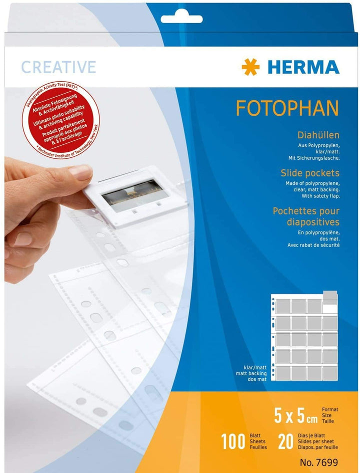 HERMA 7699 Diahüllen für gerahmte Dias, 100 Stück, 5x5 cm, 20 Fächer geteilt, klar/matt, beidseitig