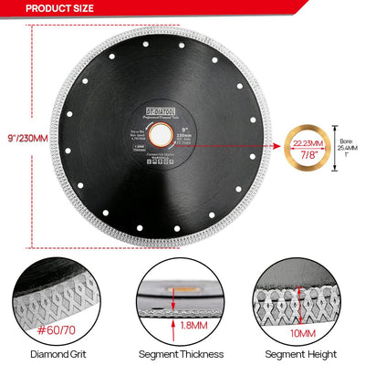 DT-DIATOOL Diamant Trennscheibe 230 mm x 25,4 mm/22,23 mm Sägeblatt mit X Mesh Turbo für Porzellan F