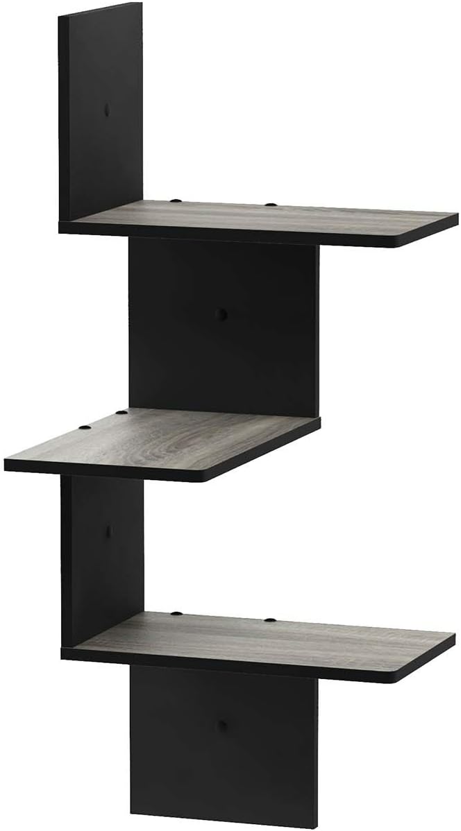 Furinno Rossi Modernes schwebendes 3-stufiges Wand-Eckregal, Französische Eiche/Schwarz Französische