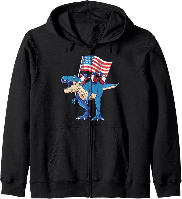 Lustige Gnome reiten Dinosaurier USA Flagge 4. Juli Kapuzenjacke