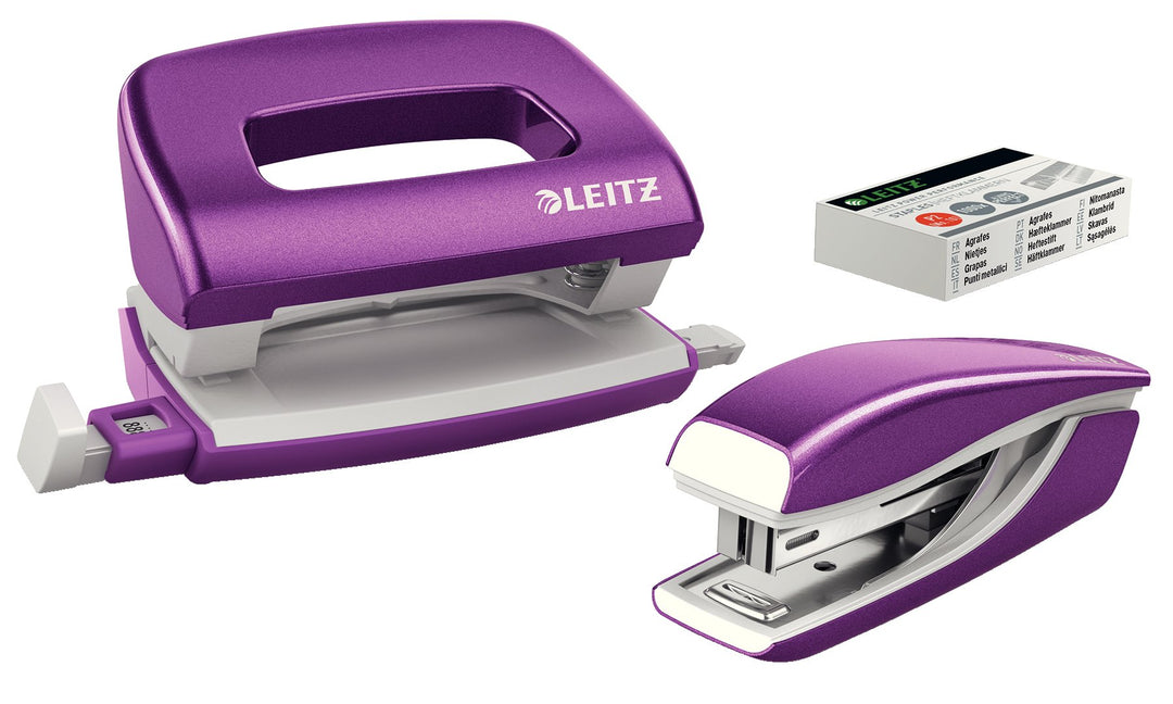 Leitz 55996062 Mini-Heftgerät-und Locher-Set (für bis zu 10 Blatt, Inkl. Heftklammern, WOW) metallic