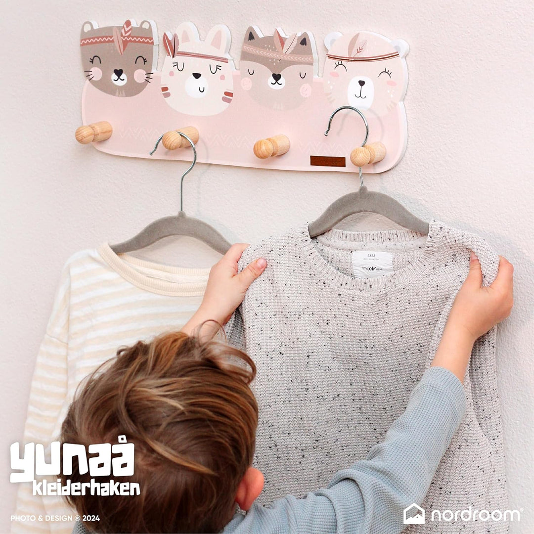Kindergarderobe mit 4 Haken - Wandgarderobe mit Tiermotiven für Kinderzimmer - Garderobenhaken aus H