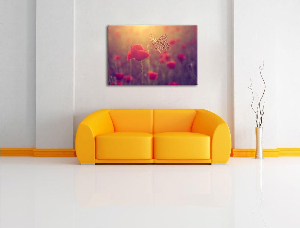 Mohn und Schmetterling, Format: 100x70 auf Leinwand, XXL riesige Bilder fertig gerahmt mit Keilrahme