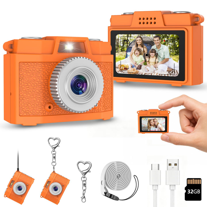 USCAMEL Kinderkamera Digital Mini, Retro Schlüsselanhänger Kamera Orange | Retro-Schlüsselanhänger-K
