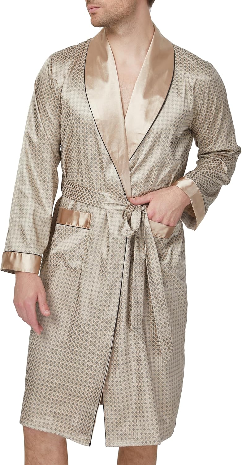 Herren Satin Bademantel, Leichter Seiden Langarm Bademantel mit Shorts Set, Spa Kimono Nachtwäsche M