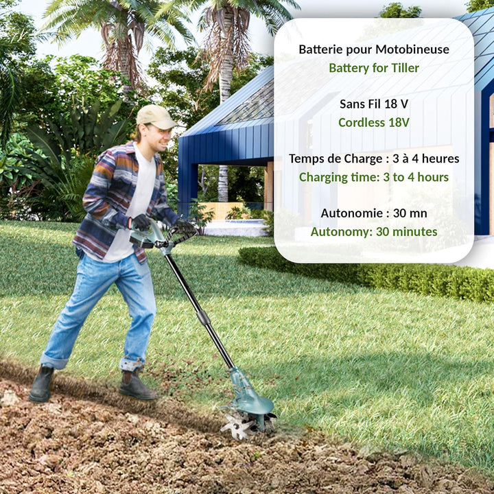 FISHTEC Kabellose Motorhacke mit Lithium Batterie 18V - Arbeitsbreite: 20 cm - Arbeitstiefe: 8 cm -