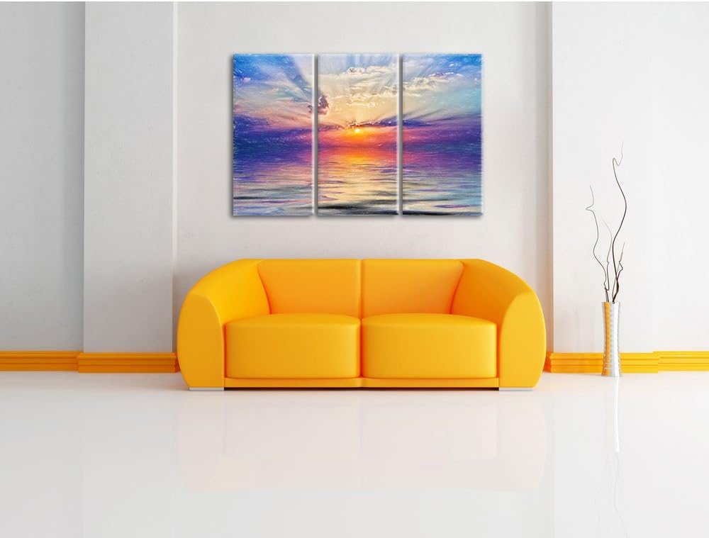 Pixxprint Einzigartiger Sonnenaufgang im Meer Bunstift Effekt 3-Teiler Leinwandbild 120x80 Bild auf