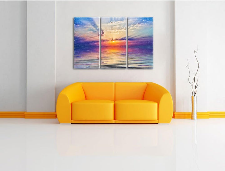 Pixxprint Einzigartiger Sonnenaufgang im Meer Bunstift Effekt 3-Teiler Leinwandbild 120x80 Bild auf