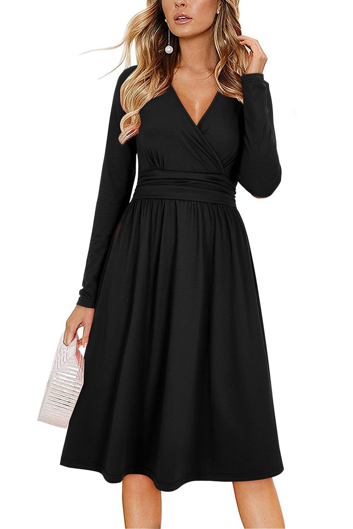 OUGES Kleid Damen Kurzarm/Langarm Winterkleid V-Ausschnitt Casual Midi Freizeitkleid mit Taschen S S