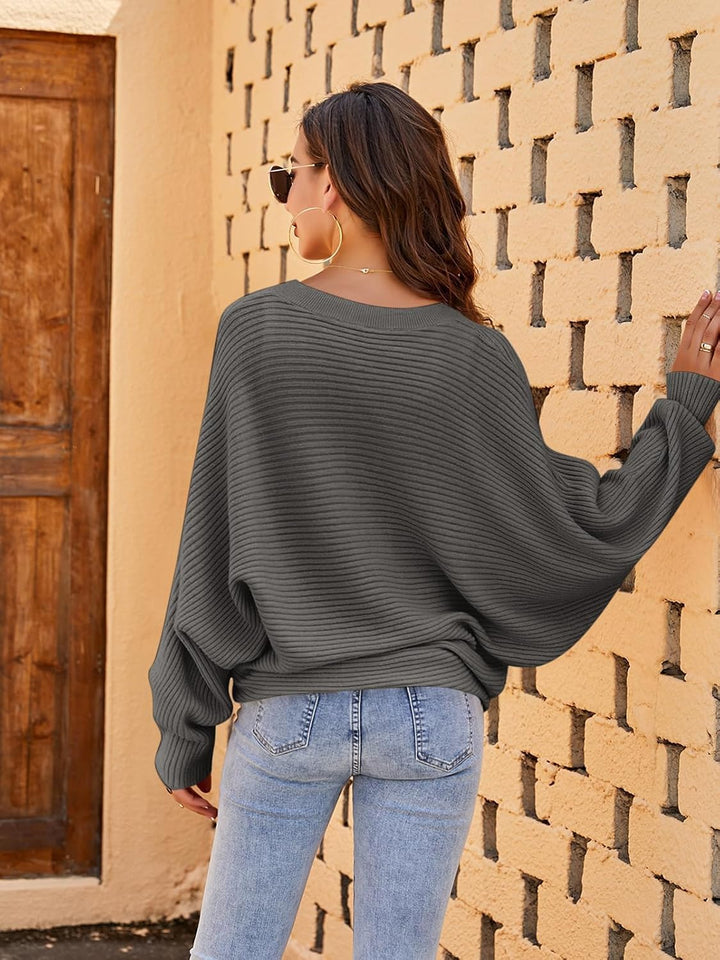 Fessceruna Damen Pullover Oversize Fledermausärmel Strickpullover Winter Rundhals Pulli Geripptes Sw