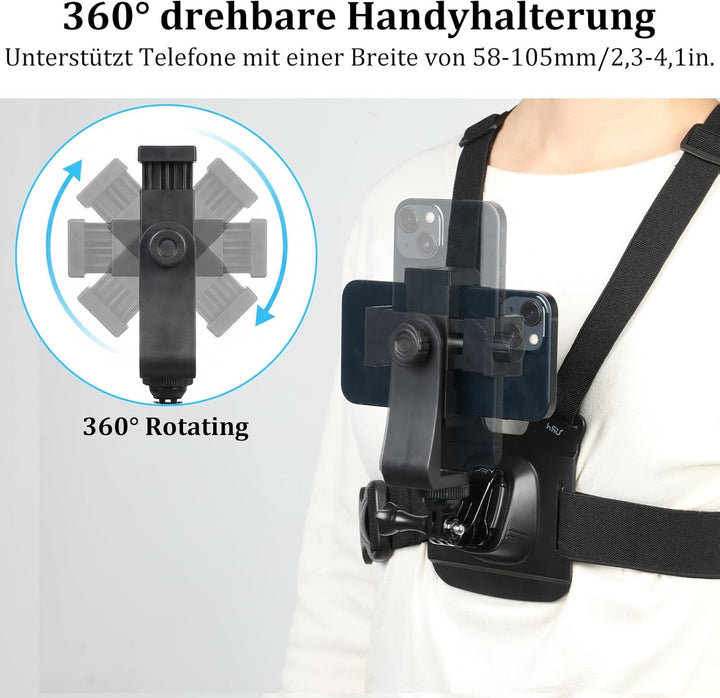 HSU Handy-Brusthalterung Brustgurt Handyhalterung, mit Schnellverschluss J-Hook Clip für Action Kame