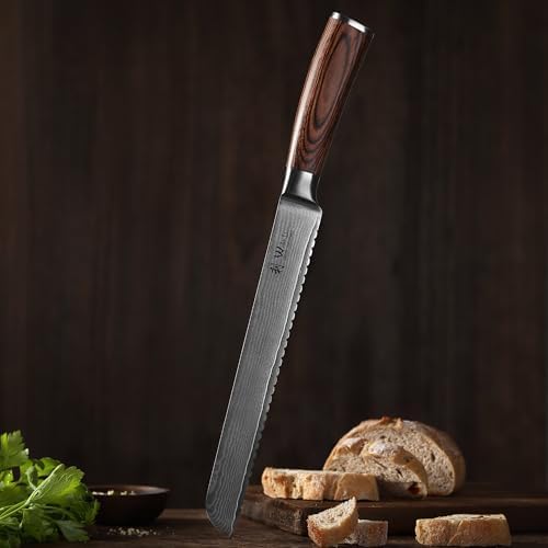 Wakoli EDIB Brotmesser Wellenschliff aus echtem Damaststahl (VG10 Kern) mit 23cm Klinge – Scharf & e