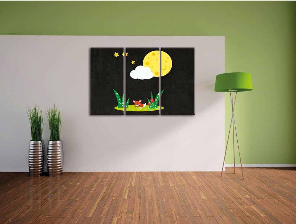 Pixxprint Fuchs auf Wiese nachts als Leinwandbild/Grösse: 3 Teilig (120x80) cm/Wandbild/Kunstdruck/f