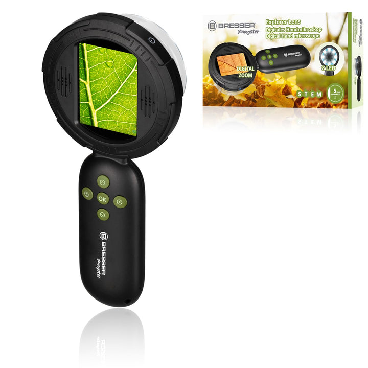 Bresser Digitales Handmikroskop für Kinder & Eltern 10× optisch/bis 40× digital, 8 dimmbare LEDs, Fo