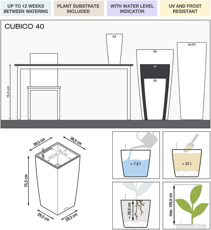 LECHUZA CUBICO Premium 40 taupe hochglanz 18215 39.5x39.5x75.5 cm Taupe Hochglanz, 39.5x39.5x75.5 cm
