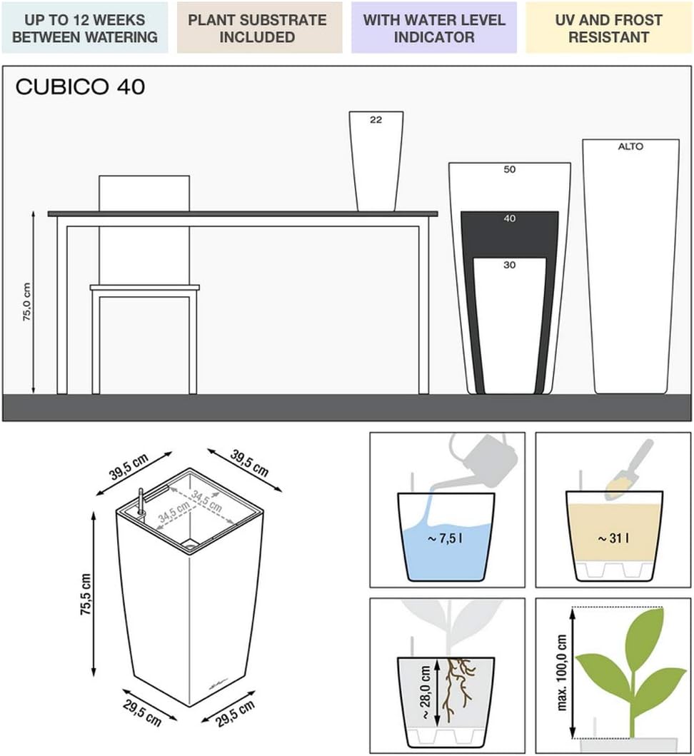 LECHUZA CUBICO Premium 40 weiss hochglanz 18191 39.5x39.5x75.5 cm Weiss Hochglanz, 39.5x39.5x75.5 cm