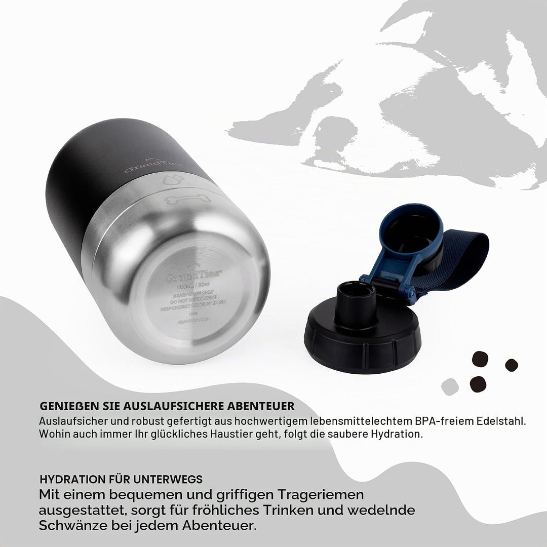 GrandTies Isolierte tragbare Hundewasserflasche mit 2 abnehmbaren Hundenapfspender, auslaufsicherer
