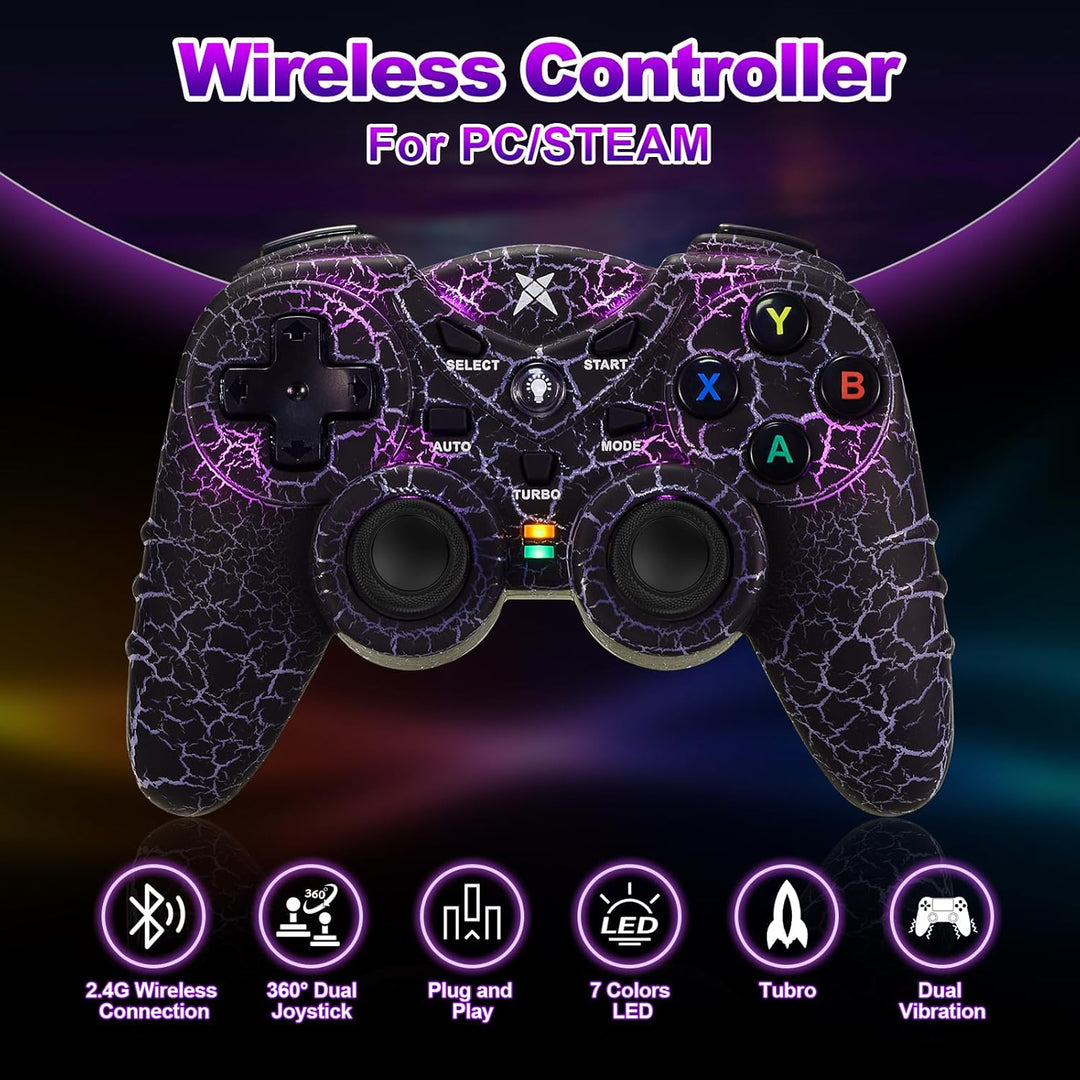 NBCP PC Wireless Game Controller mit Dual Vibration, 2.4G Gaming Joystick, RGB Beleuchtung und Turbo
