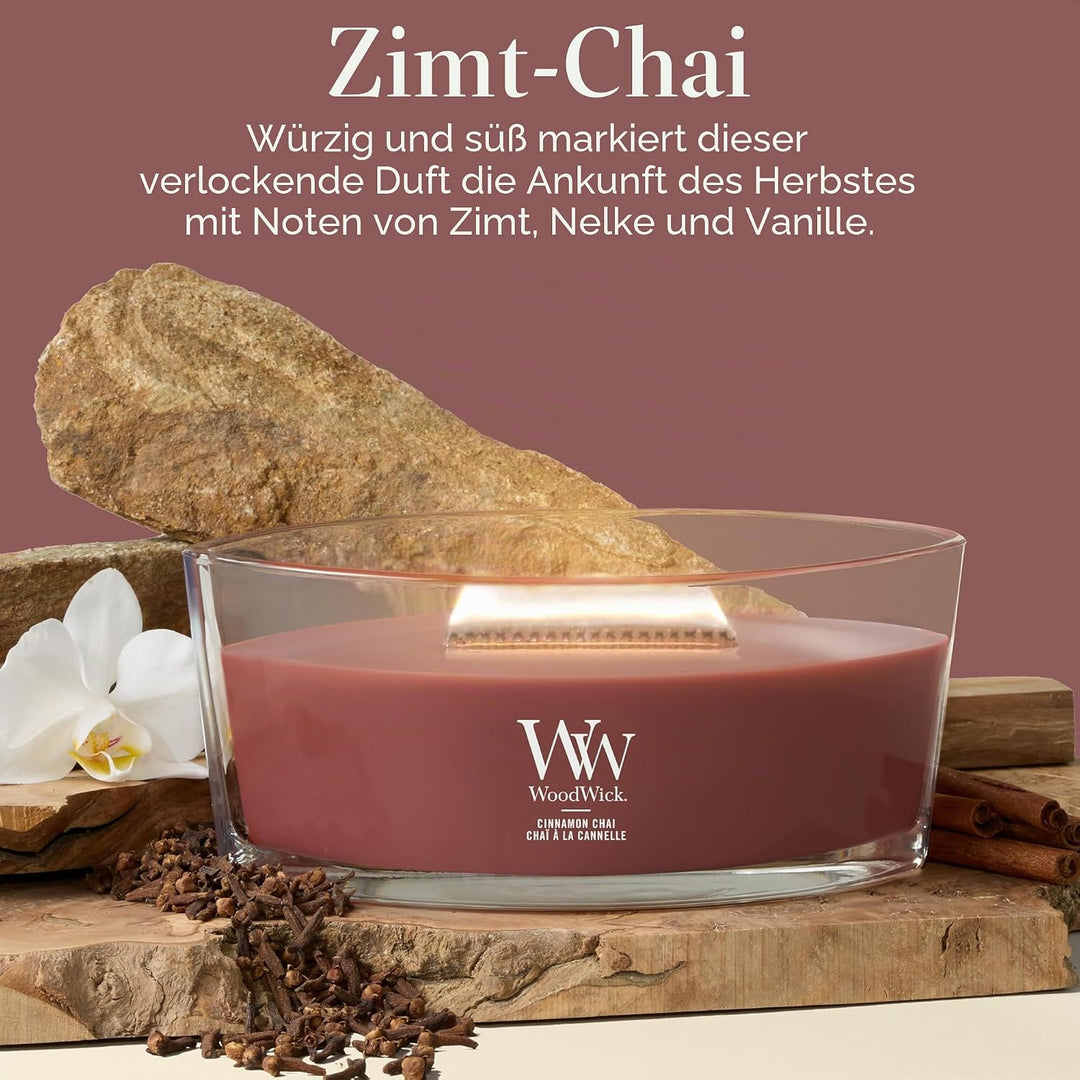 WoodWick Zimt Chai Dekorative Duftkerze im ovalformigem Glasgefäss 453.6 g, Glas, Cinnamon Chai, 11.