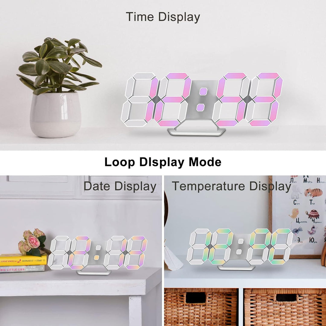Deeyaple LED Wanduhr Digital Wecker 3D Uhr Dimmbar Snooze USB 12/24Stunden Datum Temperaturanzeige F