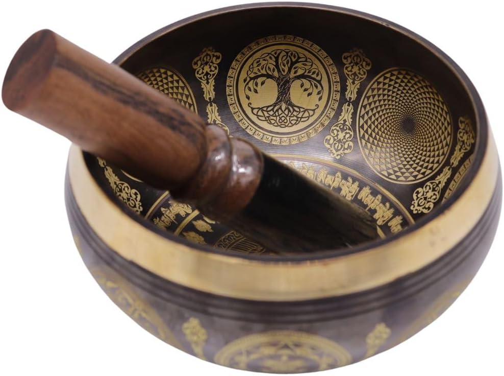 Original tibetische Klangschale mit Sockel und Holzklöppel - handgefertigt in Nepal für Heilung, Bew
