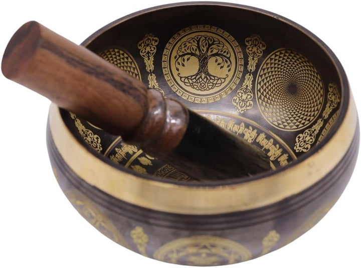 Original tibetische Klangschale mit Sockel und Holzklöppel - handgefertigt in Nepal für Heilung, Bew
