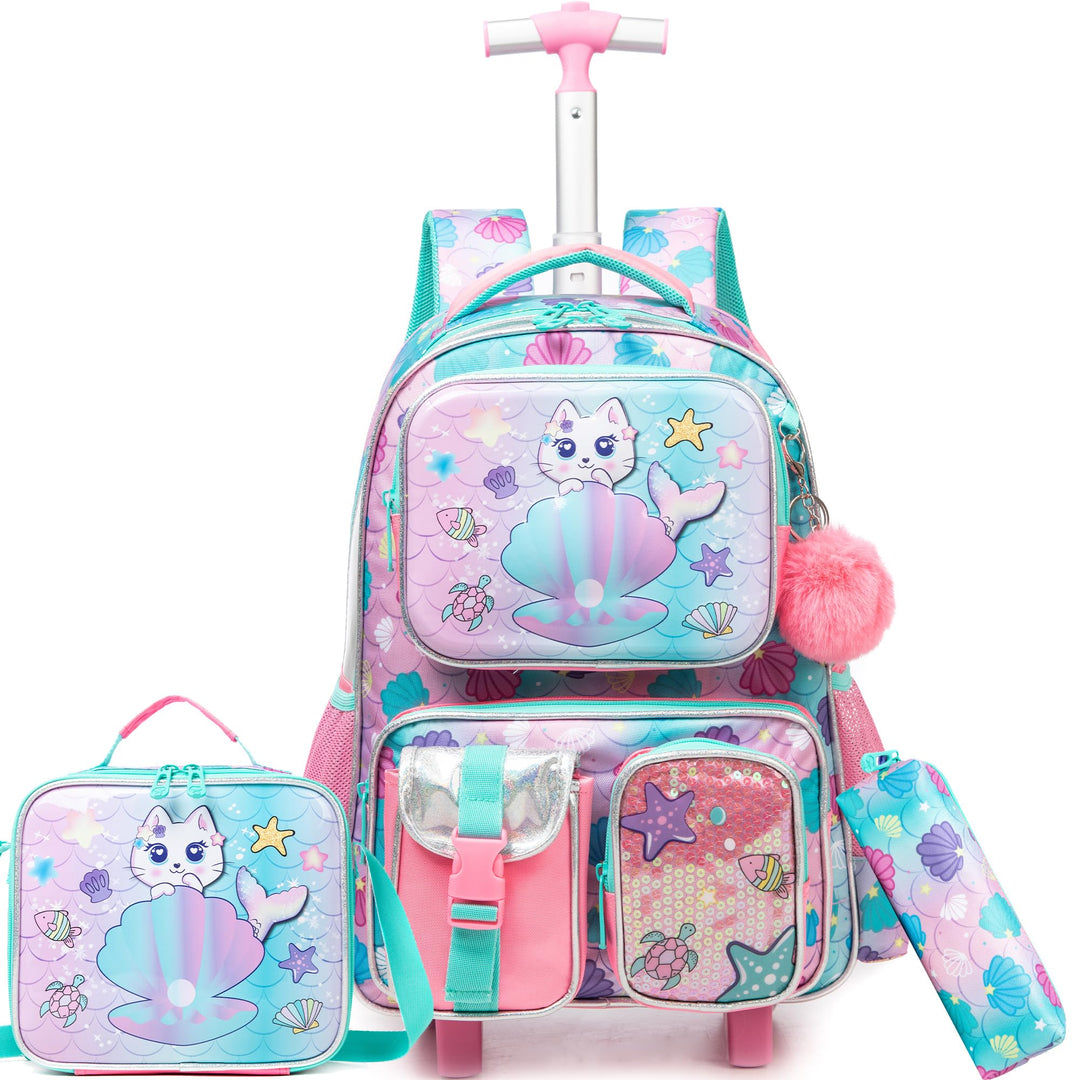 HTgroce Schulranzen Trolley Mädchen Meerjungfrau Rolling Backpack for Girls Einhorn Rucksack Mit Rol