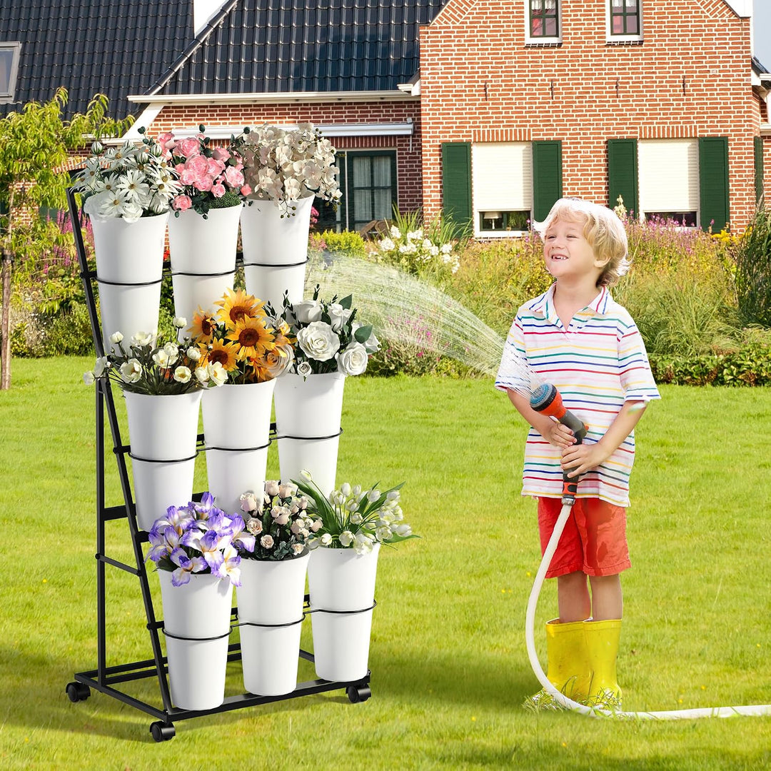 Invech Blumenständer mit 9 Eimern, 3 Etagen Blumenständer aus Metal mit Rollen, Mobiler Pflanzenstän