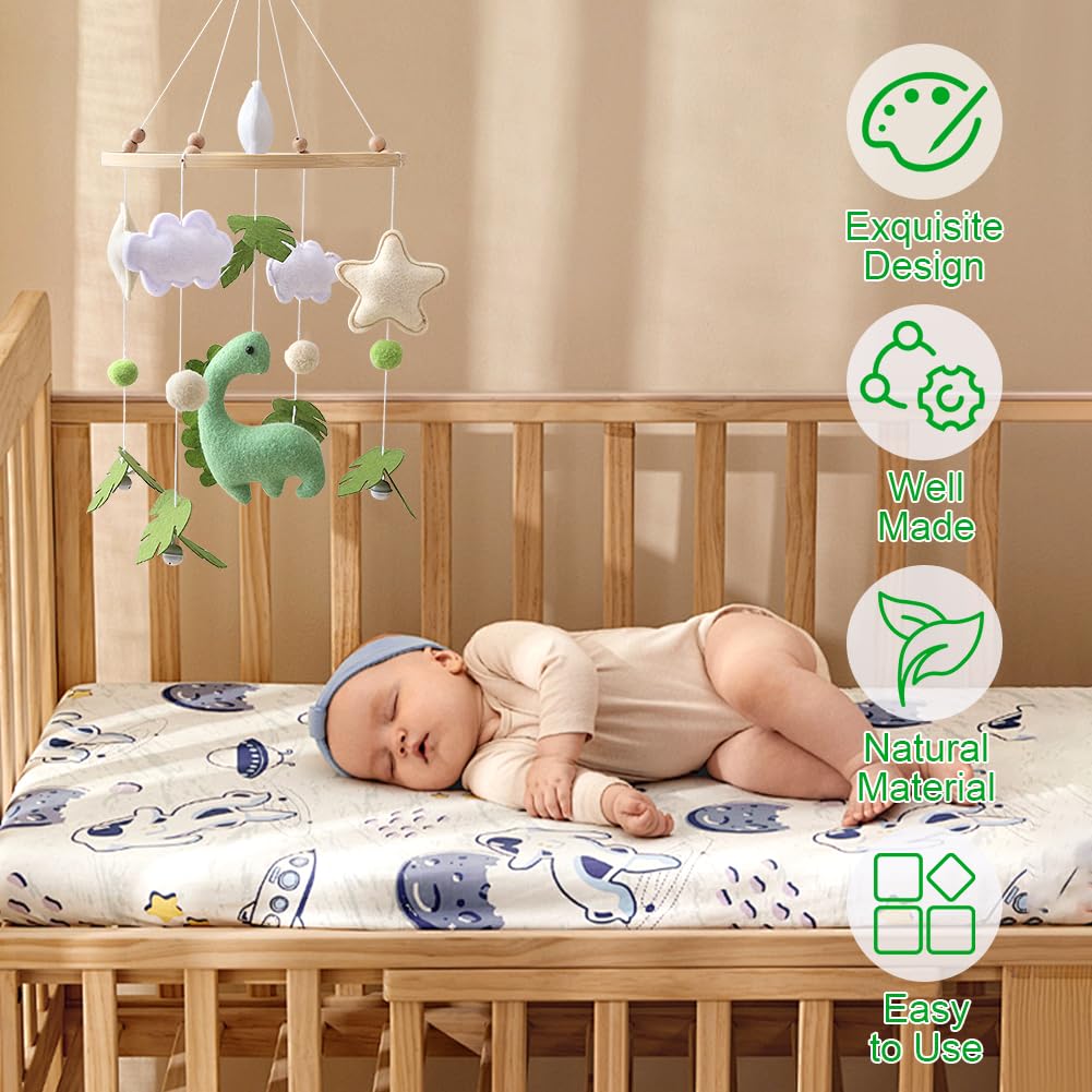 Mobile Baby Windspiele, Mobile Babybett, mit Dinosaurier, Sterne, Wolken, Blätter aus Filz, Holz Hän
