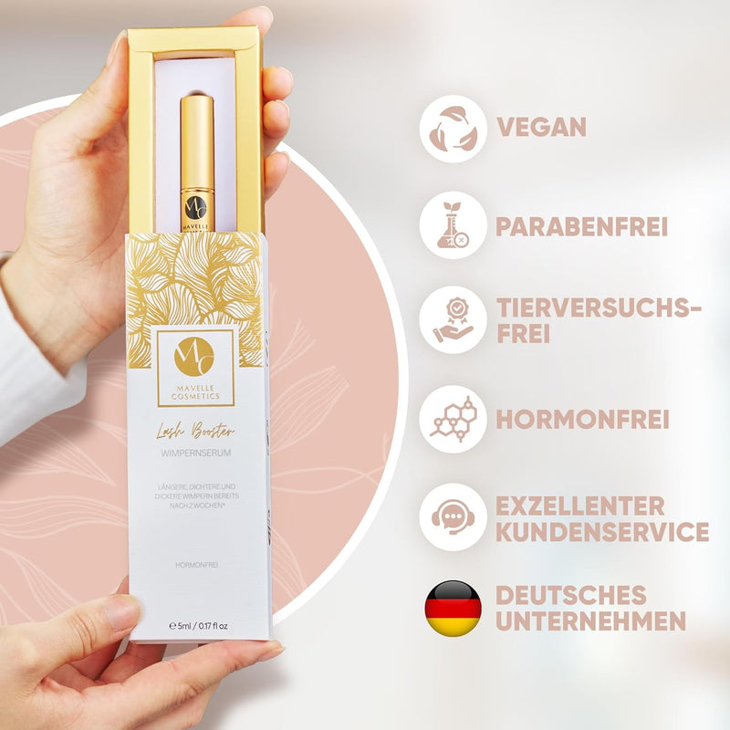 Mavelle Lash Booster | Wimpernserum Testsieger [Hormonfrei & Vegan] Schnelle Wirkung für lage, dicht
