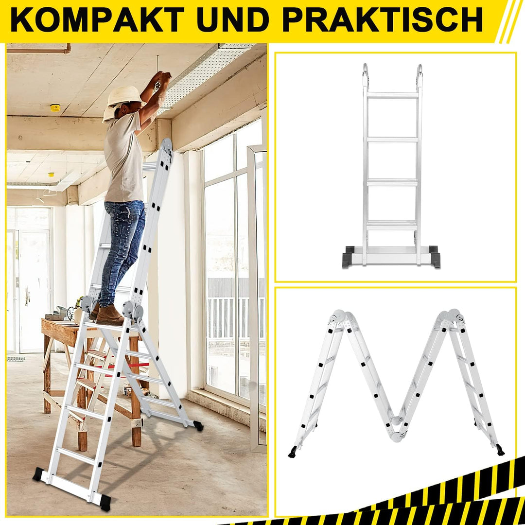 Ikodm 4x4 Stufen Mehrzweckleiter 4,7 m 7 in 1 Aluminium Multifunktionsleiter bis 150 kg mit 2 Transp