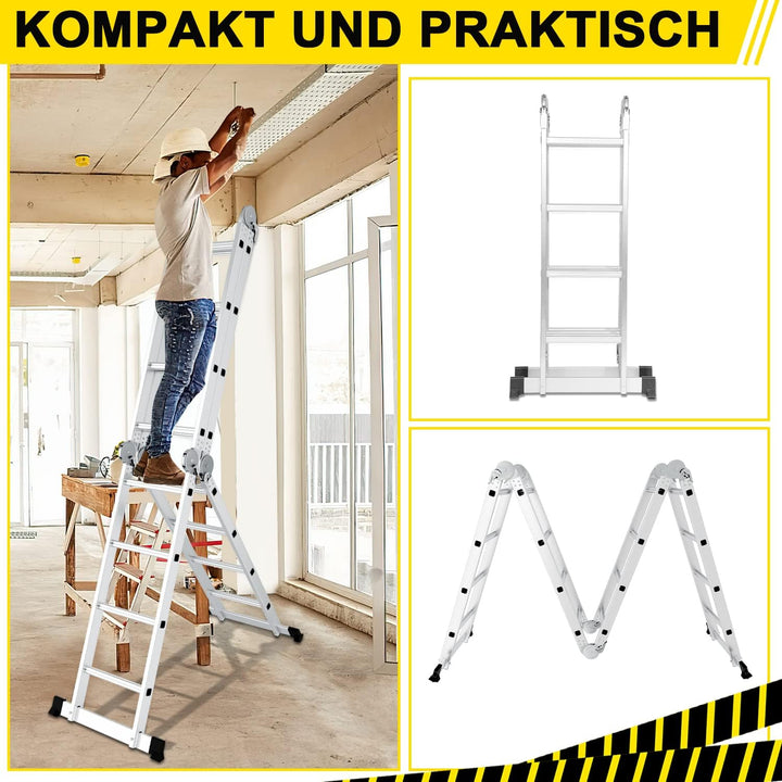 Ikodm 4x4 Stufen Mehrzweckleiter 4,7 m 7 in 1 Aluminium Multifunktionsleiter bis 150 kg mit 2 Transp