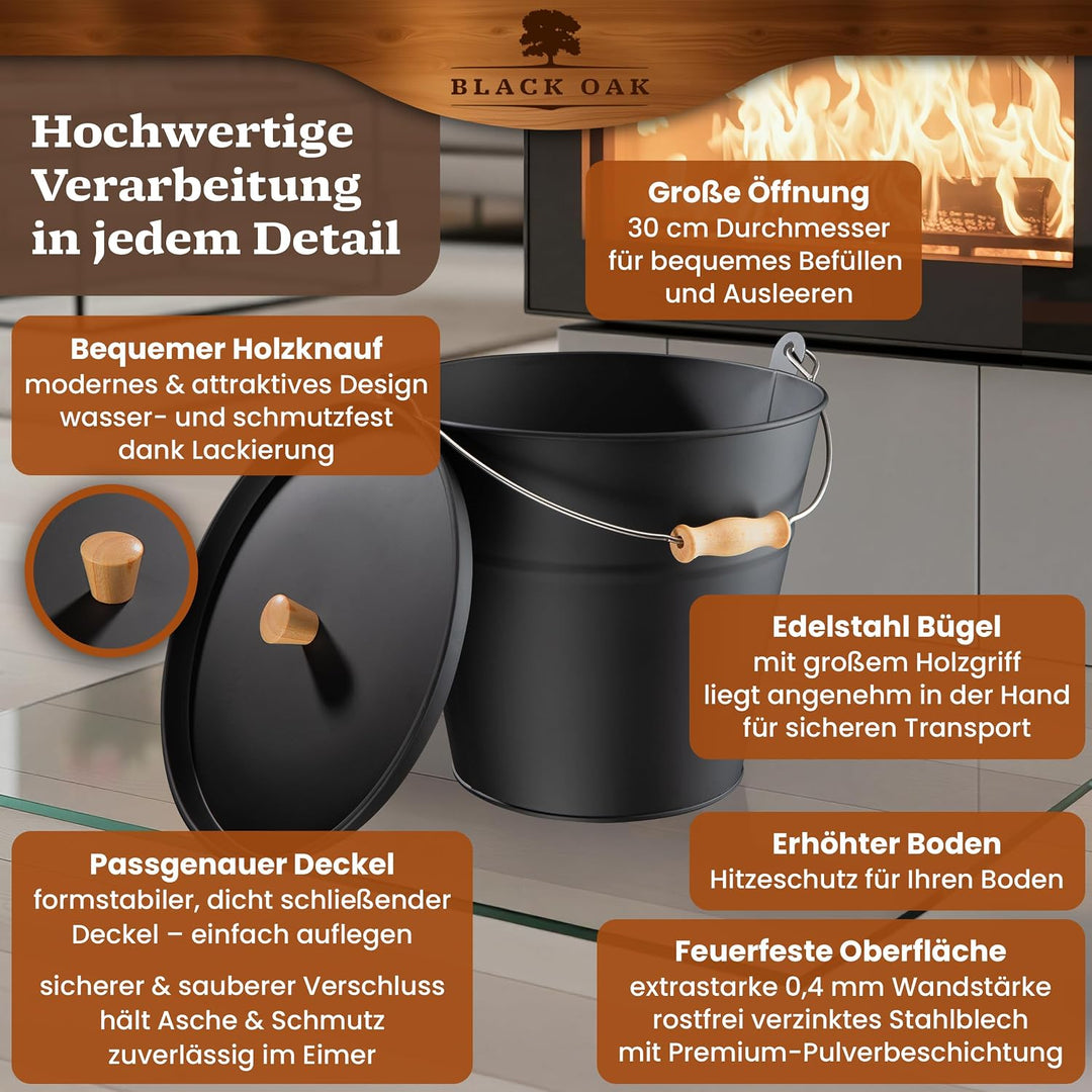 BLACK OAK Ascheeimer Fuego 10L - schwarz mit Deckel mit Holz-Griff &amp; Handschuhen - 10L gross Stahl f