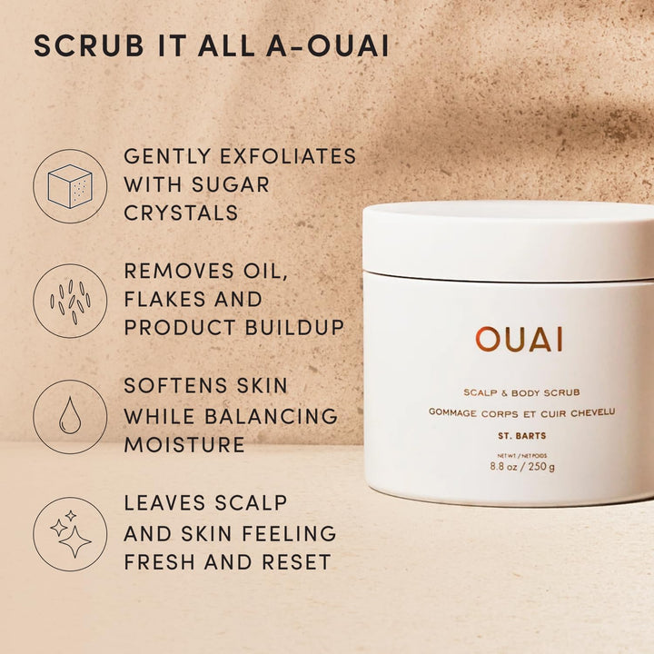 OUAI Scalp &amp; Body Scrub Reisegrösse – St. Barts – Exfolierendes Körperpeeling mit Zucker &amp; Kokosöl f