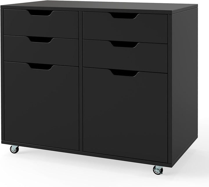 GOPLUS Rollcontainer mit 4 Schubladen, mobiler Aktenschrank mit 2 Türen, Büroschrank mit Rollen, Bür