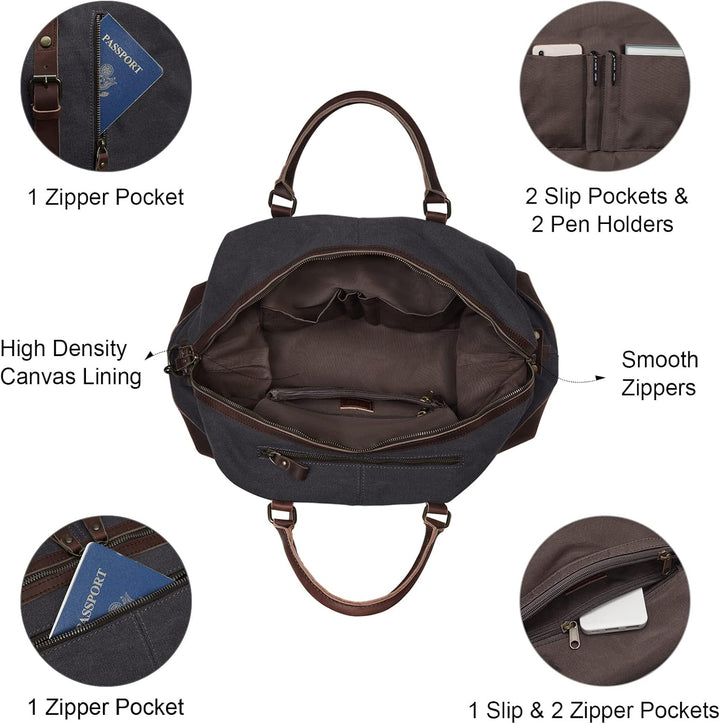 S-ZONE Reisetasche 60L Vintage Canvas Crazy Horse Leder Trim Unisex Handgepäck Weekender Tasche Spor